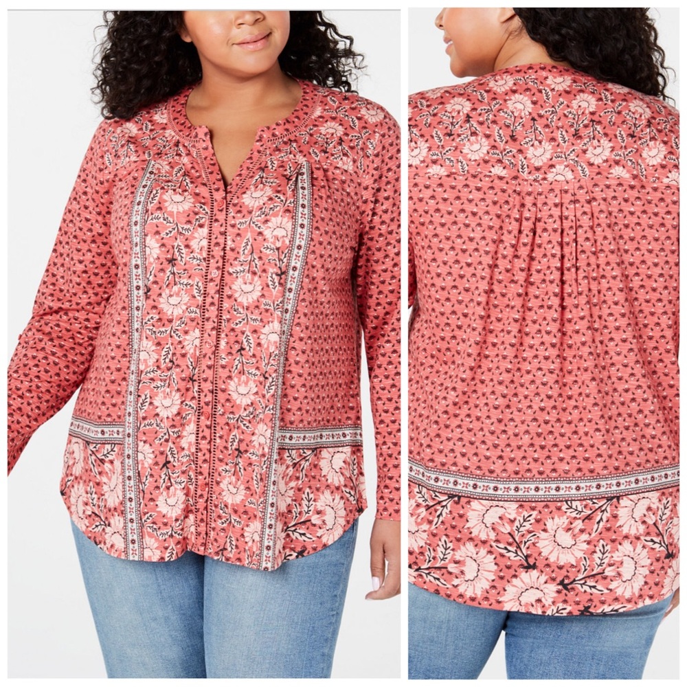 0X Style & Co Pink Floral Splitneck Top Plus Sz